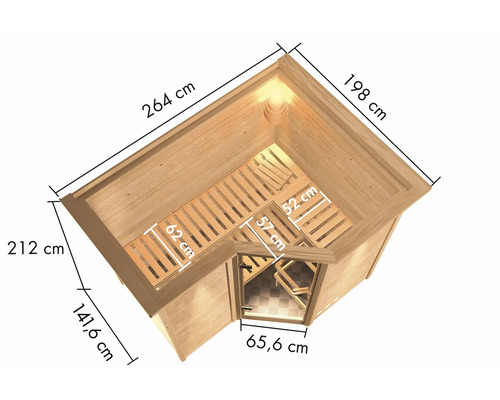 Vue de dessus d''un sauna d''angle avec dimensions en centimètres