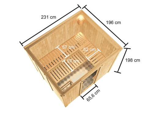 Draufsicht einer Holzsauna mit Maßangaben der Aussenmasse und Sitzbänke