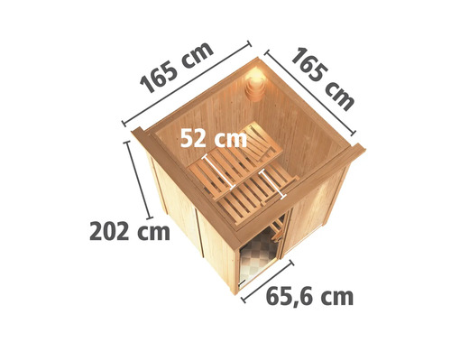 Abmessungen der Holzsauna: 165 cm breit, 165 cm tief und 202 cm hoch