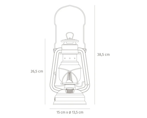 Abmessungen einer Petroleumlampe: Höhe 38,5 cm, Breite 15 cm, Durchmesser 13,5 cm.