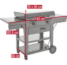 Grill à gaz Char-Broil avec des dimensions de 70 x 50 cm, une largeur de 143 cm et une hauteur de 101,5 cm