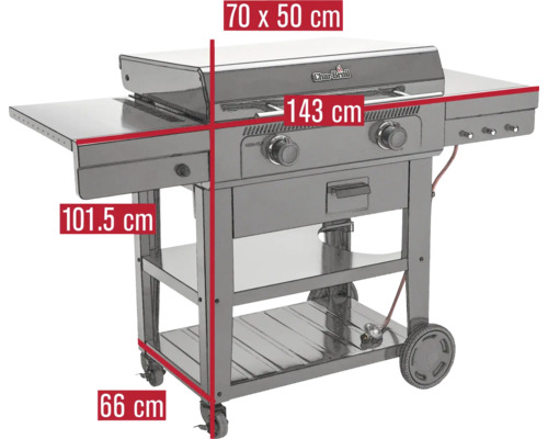 Char-Broil Gasgrill mit den Massen 70 x 50 cm, 143 cm Breite und 101,5 cm Höhe