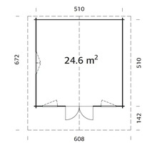 Plan d''un abri de jardin avec des dimensions de 608 x 672 x 510 x 142 cm et une superficie de 24,6 mètres carrés