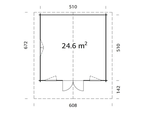 Grundrisszeichnung eines Gartenhauses mit den Maßen 608 x 672 x 510 x 142 cm und einer Fläche von 24,6 Quadratmetern.