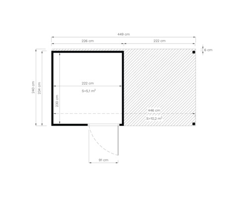 Grundrisszeichnung eines Gartenhauses mit Terrasse und Maßangaben