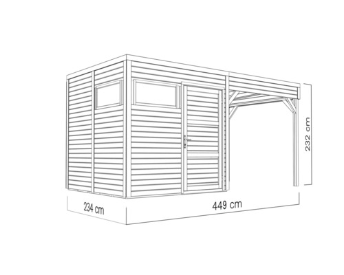 Illustration eines Gartenhauses mit einer Tiefe von 234 Zentimetern, einer Breite von 449 Zentimetern und einer Höhe von 232 Zentimetern.