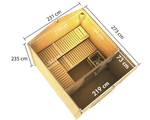 Vue de dessus du sauna avec dimensions en centimètres