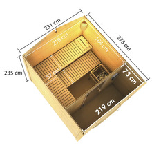Innenansicht einer Sauna mit Maßangaben