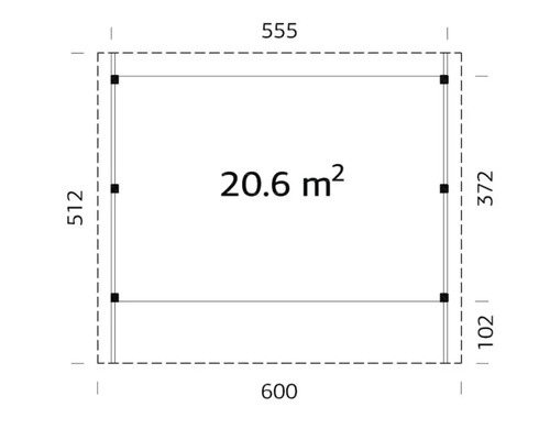 Plan avec les dimensions 555, 600, 512, 372 et 102 et une surface de 20,6 mètres carrés