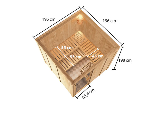 Vue intérieure d''un sauna en bois avec indications de taille.