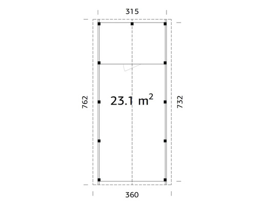 Grundrisszeichnung mit Maßangaben: 315 x 762 Zentimeter und 360 x 732 Zentimeter, Fläche 23.1 Quadratmeter