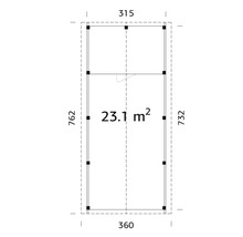 Plan d''aménagement avec dimensions 315, 360, 732 et 762 et une surface de 23,1 mètres carrés