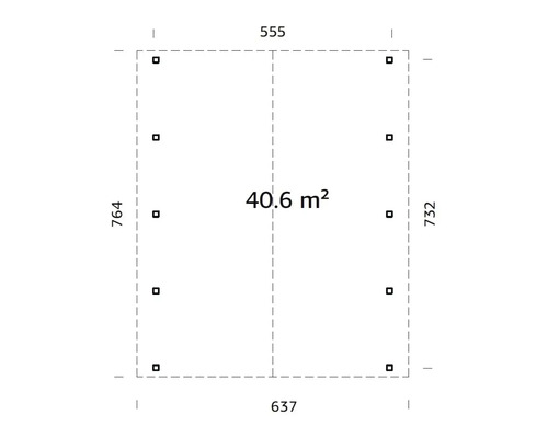 Plan avec dimensions de 555, 637, 732 et 764, et une surface de 40,6 mètres carrés