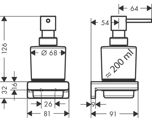 Technische Zeichnung eines Seifenspenders mit Maßangaben