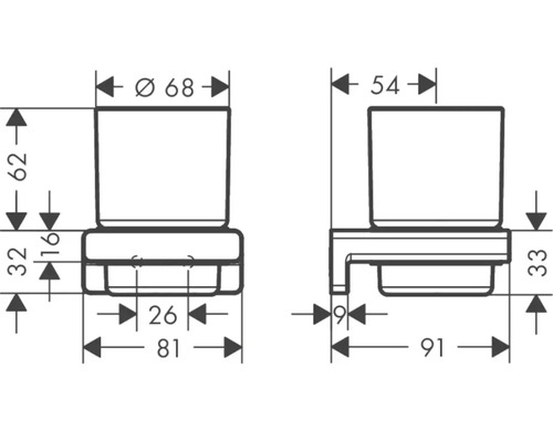 Technische Zeichnung eines Toilettenpapierhalters mit Maßangaben