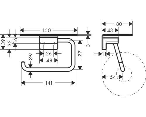 Technische Zeichnung eines Toilettenpapierhalters mit Maßen