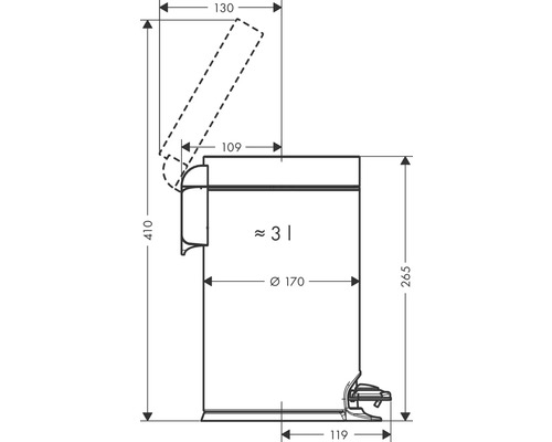 Technische Zeichnung eines Tretabfalleimers mit den Maßen 410 x 130 x 170 Millimeter und einem Fassungsvermögen von circa 3 Liter.