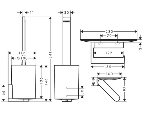 Technische Zeichnung eines WC-Garnitur-Sets mit Maßen