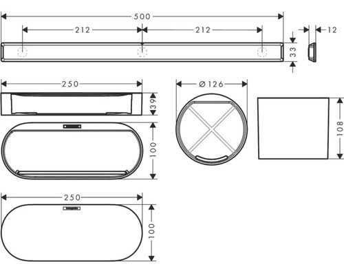 Technische Zeichnung eines Badezimmeraccessoires mit Maßangaben