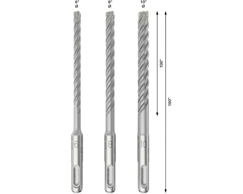 Drei Betonbohrer mit Durchmessern von 6, 8 und 10 Zoll