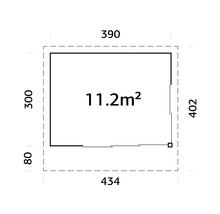 Grundriss mit den Maßen 390, 300, 434 und 402 sowie der Angabe 11.2 Quadratmeter