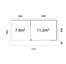 Grundriss mit Größenangaben in Quadratmetern und Zentimetern