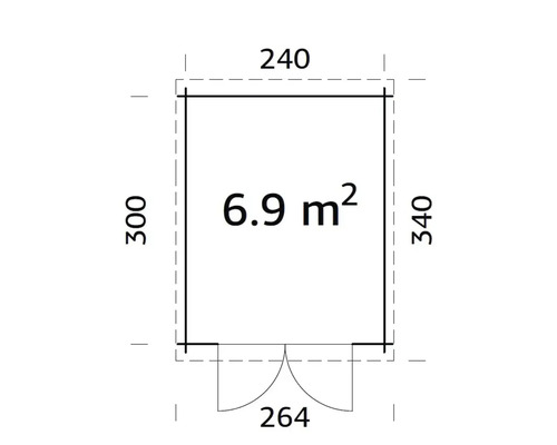 Plan avec dimensions : 240 x 300 x 340 cm, largeur de porte 264 cm, superficie 6,9 mètres carrés