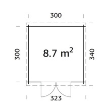Grundriss eines Gartenhauses mit den Maßen 300 mal 340 Zentimeter und einer Fläche von 8,7 Quadratmetern