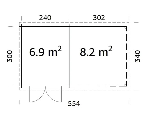 Plan avec les dimensions 300 x 240 et 340 x 302 avec une surface de 6,9 mètres carrés et 8,2 mètres carrés