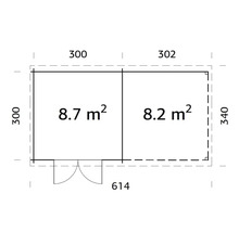 Plan d''un abri de jardin mesurant 300 centimètres sur 300 centimètres et 302 centimètres sur 340 centimètres, avec une largeur totale de 614 centimètres.