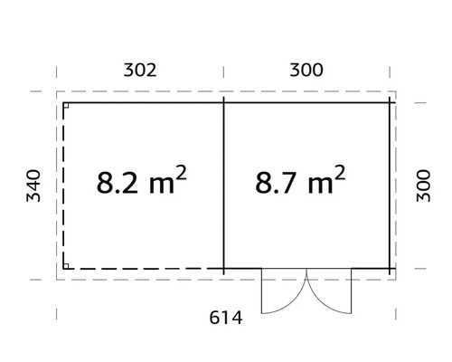 Plan d''un abri de jardin avec des dimensions de 302 sur 340 centimètres et 300 sur 300 centimètres