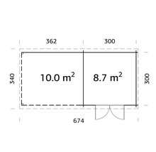 Grundrisszeichnung eines Gartenhauses mit den Maßen 674 mal 340 Zentimeter.