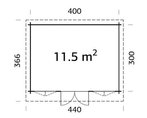 Plan d''un abri de jardin avec les dimensions 400 par 366 par 300 par 440 et une surface de 11,5 mètres carrés