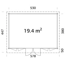 Plan d''un abri de jardin mesurant 530 sur 447 centimètres et d''une surface de 19,4 mètres carrés.