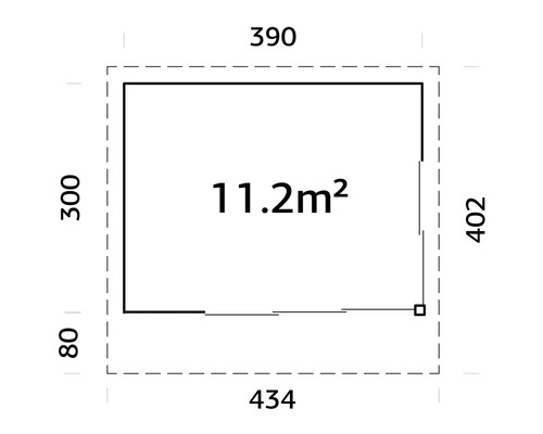 Plan avec les dimensions 390, 434, 300 et 402 et une surface de 11,2 mètres carrés