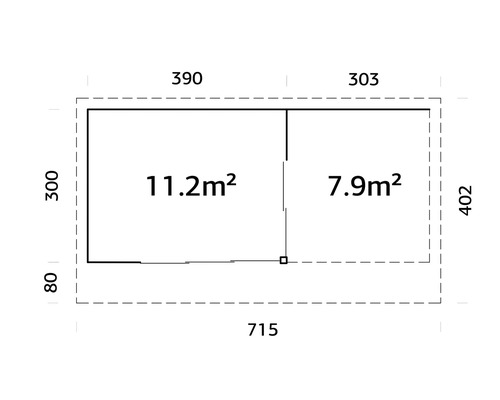 Grundrisszeichnung mit Abmessungen in Zentimetern und Flächenangaben in Quadratmetern