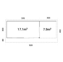 Grundriss eines Gartenhauses mit Flächenangaben und Abmessungen