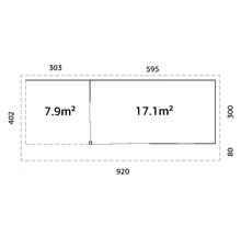 Grundriss eines Gartenhauses mit den Maßen 920 x 402 cm und zwei Räumen mit 7,9 und 17,1 Quadratmetern