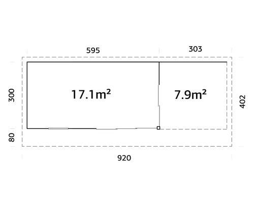 Grundrisszeichnung eines Gartenhauses mit den Maßen 920 mal 402 Zentimeter und einer Fläche von 17,1 Quadratmetern plus 7,9 Quadratmetern.