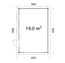 Grundriss eines Gartenhauses mit Tür, Fenster und den Maßen 360 x 420 x 598 x 550 cm sowie einer Fläche von 19 Quadratmetern