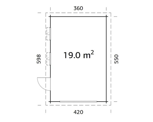 Grundrisszeichnung eines Gartenhauses mit den Maßen 360 mal 420 mal 550 mal 598 Zentimeter und einer Fläche von 19 Quadratmetern