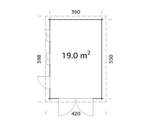 Grundriss eines Gartenhauses mit einer Fläche von 19 Quadratmetern und Abmessungen von 360 mal 550 Zentimetern.