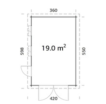 Grundrisszeichnung eines Gartenhauses mit den Maßen 360 x 598 x 550 x 420 und einer Fläche von 19 Quadratmetern