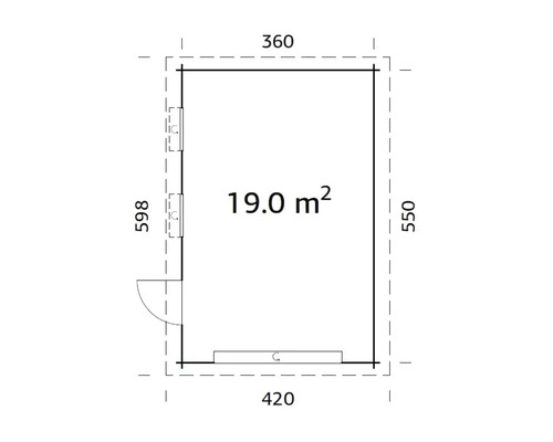 Grundriss eines Gartenhauses mit den Maßen 360 x 420 x 598 x 550 und einer Fläche von 19 Quadratmetern