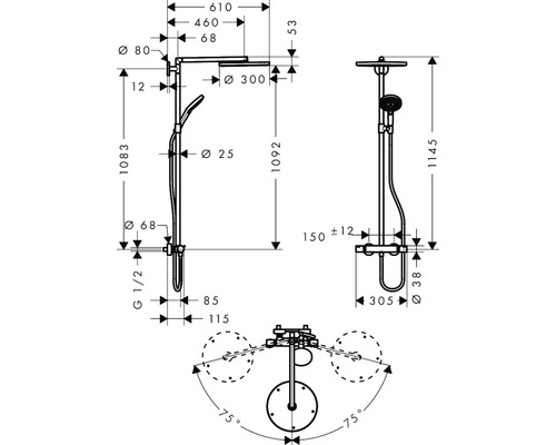Technische Zeichnung eines Duschsystems mit Maßen.