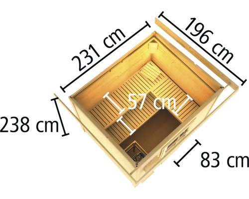 Vue intérieure d''un sauna avec dimensions