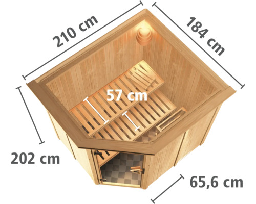 Image d''un sauna d''angle avec dimensions.