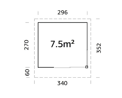 Grundrisszeichnung mit Flächenangabe 7,5 Quadratmeter und Maßangaben