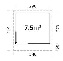Grundriss mit Maßen: 7.5 Quadratmeter Fläche, 296 Zentimeter Breite und 352 Zentimeter Tiefe