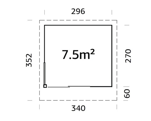 Grundriss mit Maßen: 7.5 Quadratmeter Fläche, 296 Zentimeter Breite und 352 Zentimeter Tiefe